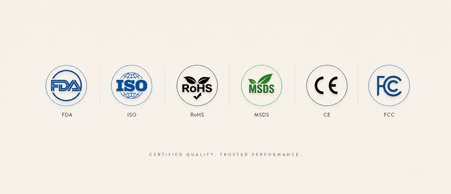 FDA, ISO, RoHS, MSDS, CE and FCC documentation logos